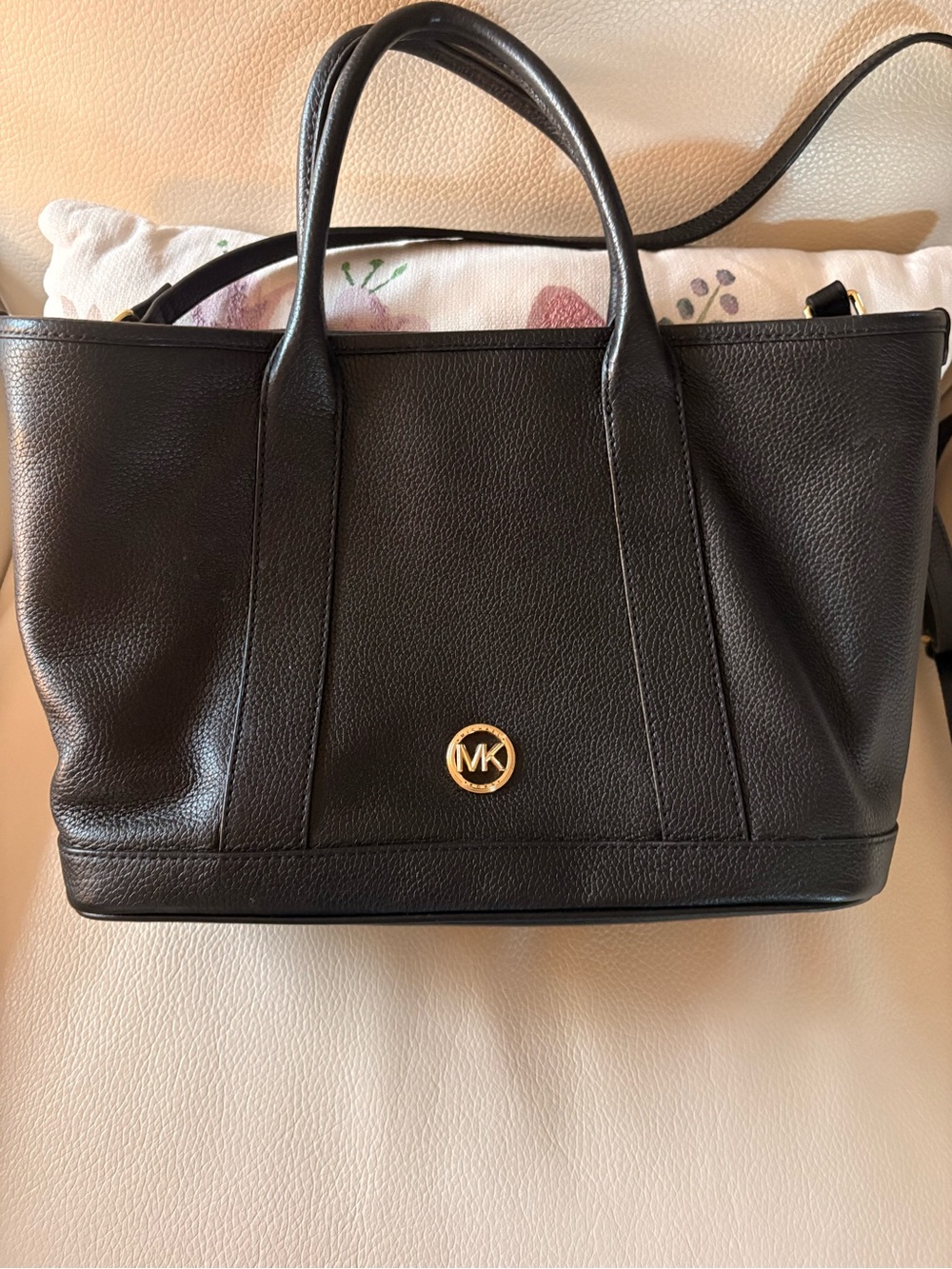 Michael Kors Black Pebbled Leather Tote with Gold MK Medallion